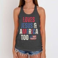 Vintage Loves Jesus And America Too Patriotic Proud US.Flag Women's Knotted Racerback Tank