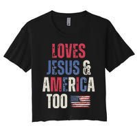 Vintage Loves Jesus And America Too Patriotic Proud US.Flag Women's Crop Top Tee