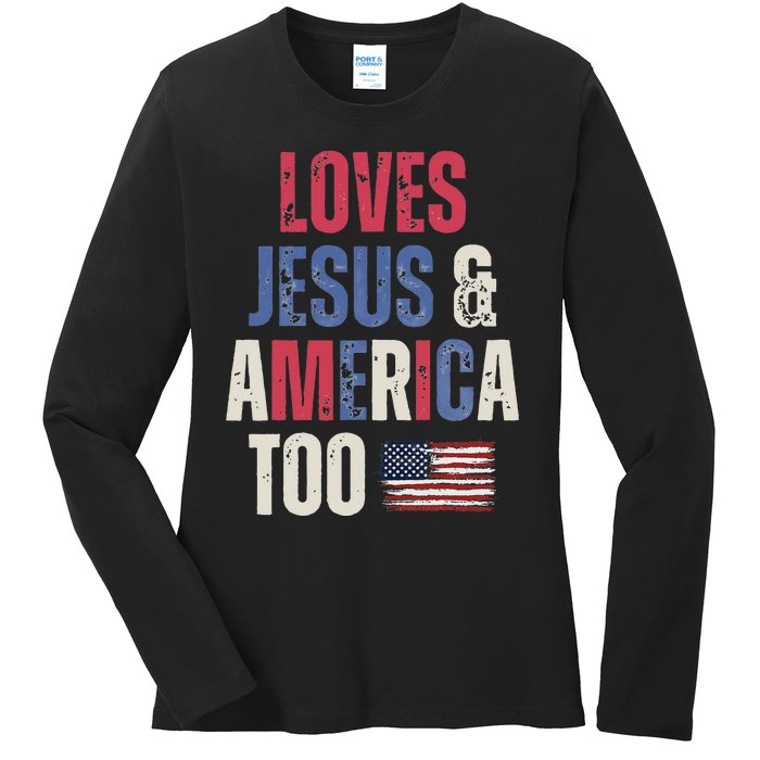 Vintage Loves Jesus And America Too Patriotic Proud US.Flag Ladies Long Sleeve Shirt