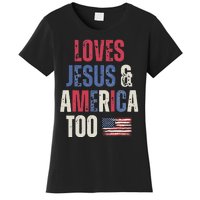 Vintage Loves Jesus And America Too Patriotic Proud US.Flag Women's T-Shirt