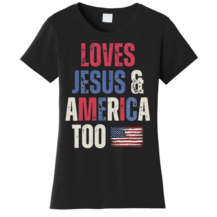 Vintage Loves Jesus And America Too Patriotic Proud US.Flag Women's T-Shirt