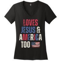 Vintage Loves Jesus And America Too Patriotic Proud US.Flag Women's V-Neck T-Shirt