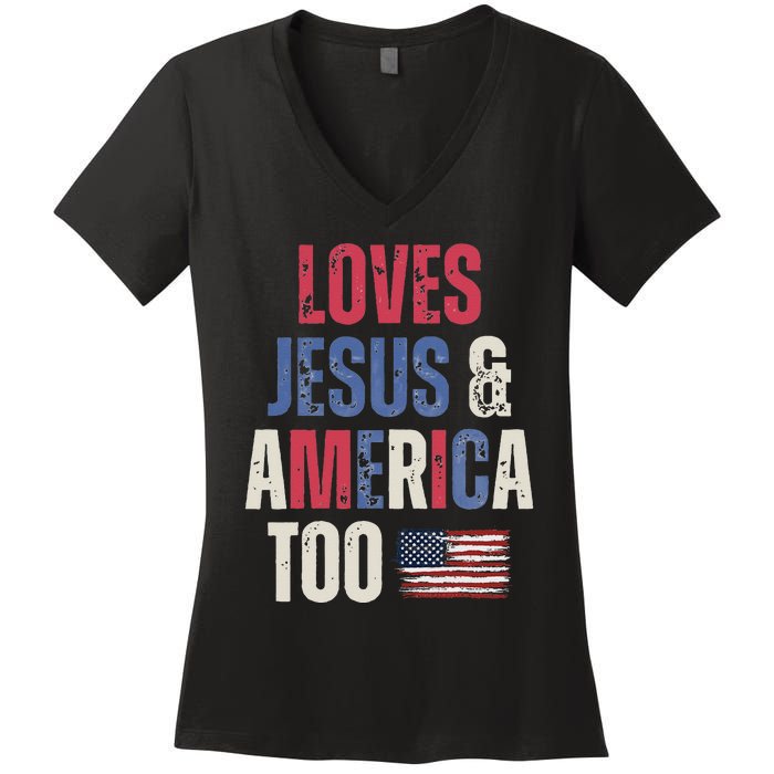 Vintage Loves Jesus And America Too Patriotic Proud US.Flag Women's V-Neck T-Shirt