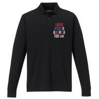 Vintage Loves Jesus And America Too Patriotic Proud USA Flag Performance Long Sleeve Polo