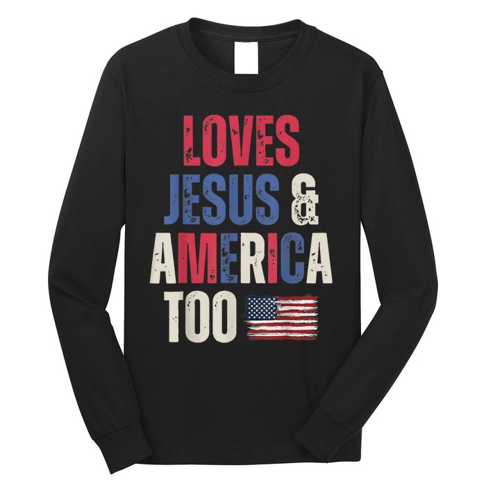 Vintage Loves Jesus And America Too Patriotic Proud USA Flag Long Sleeve Shirt