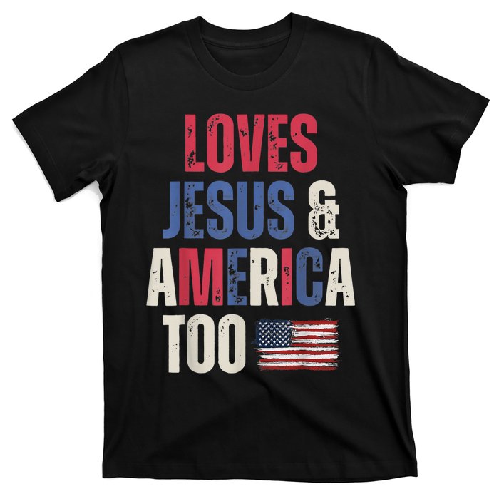 Vintage Loves Jesus And America Too Patriotic Proud USA Flag T-Shirt