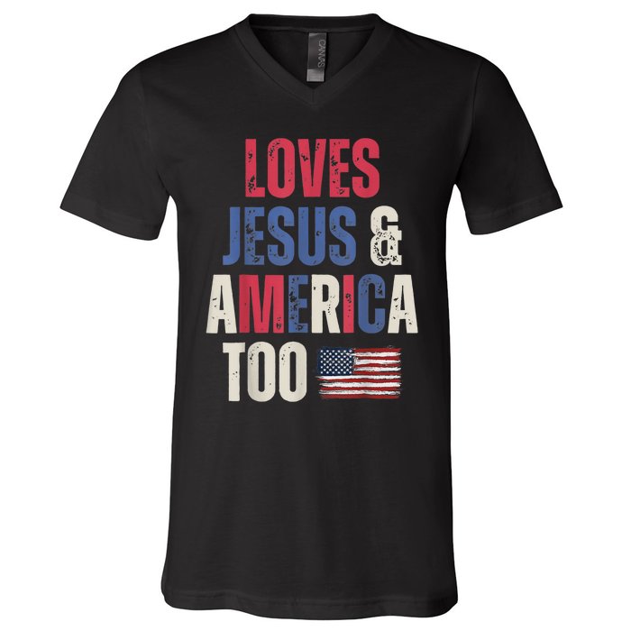 Vintage Loves Jesus And America Too Patriotic Proud USA Flag V-Neck T-Shirt