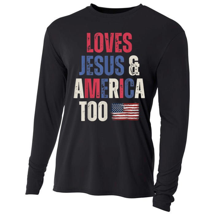 Vintage Loves Jesus And America Too Patriotic Proud USA Flag Cooling Performance Long Sleeve Crew