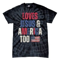 Vintage Loves Jesus And America Too Patriotic Proud USA Flag Tie-Dye T-Shirt