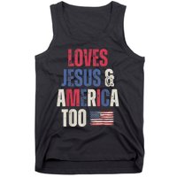 Vintage Loves Jesus And America Too Patriotic Proud USA Flag Tank Top