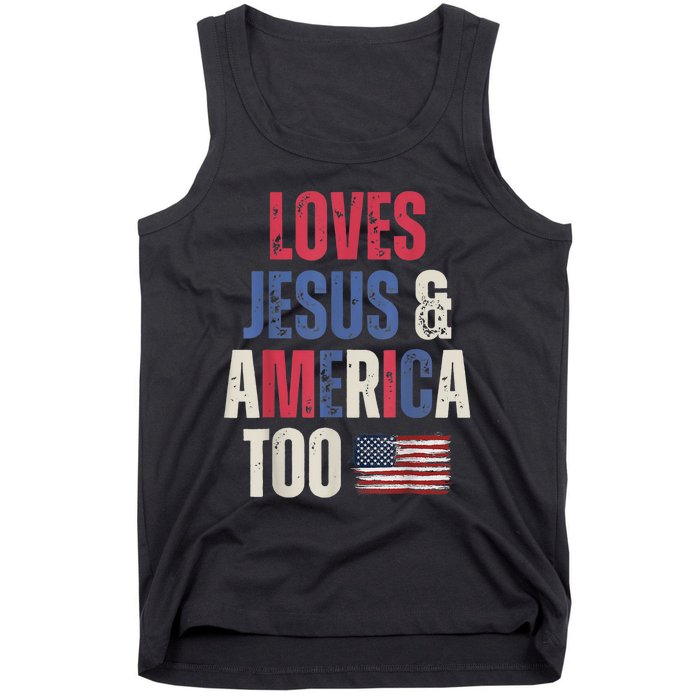 Vintage Loves Jesus And America Too Patriotic Proud USA Flag Tank Top