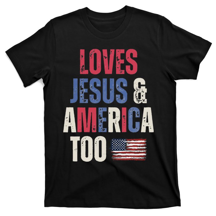 Vintage Loves Jesus And America Too Patriotic Proud US.Flag T-Shirt