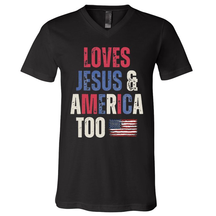 Vintage Loves Jesus And America Too Patriotic Proud US.Flag V-Neck T-Shirt