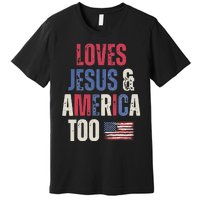 Vintage Loves Jesus And America Too Patriotic Proud US.Flag Premium T-Shirt