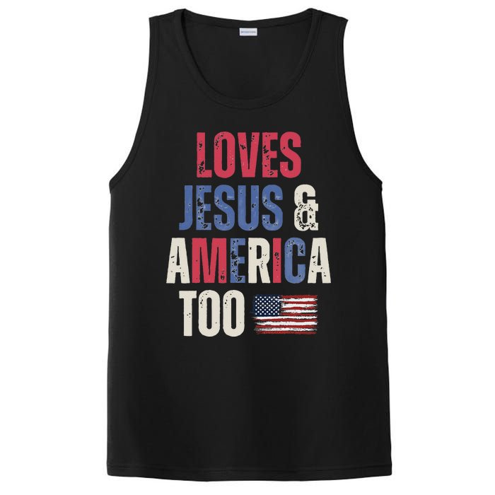 Vintage Loves Jesus And America Too Patriotic Proud US.Flag PosiCharge Competitor Tank