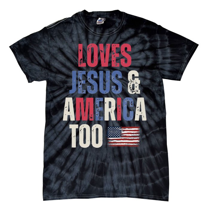 Vintage Loves Jesus And America Too Patriotic Proud US.Flag Tie-Dye T-Shirt