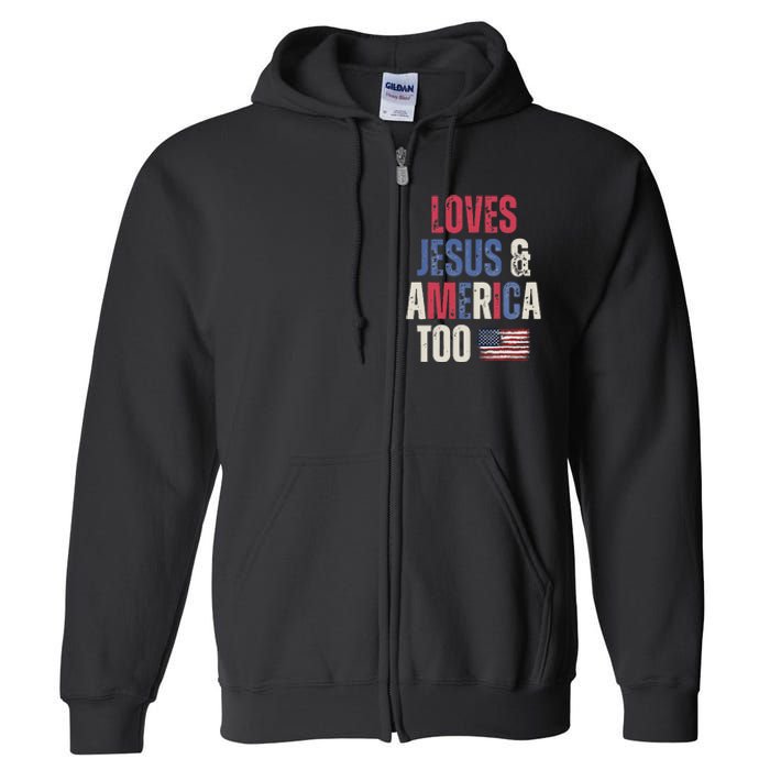 Vintage Loves Jesus And America Too Patriotic Proud US.Flag Full Zip Hoodie