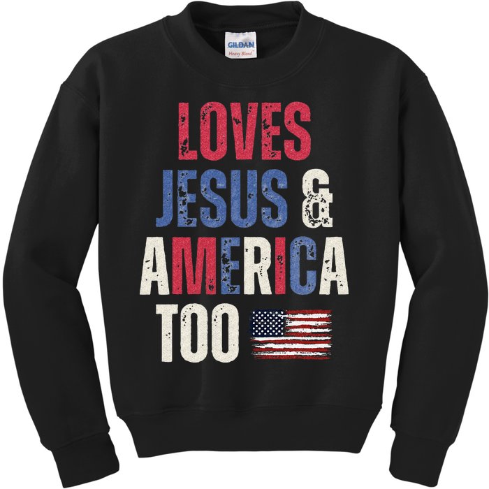 Vintage Loves Jesus And America Too Patriotic Proud US.Flag Kids Sweatshirt