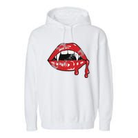 Vampire Lips Lazy Halloween Costume Blood Fangs Garment-Dyed Fleece Hoodie