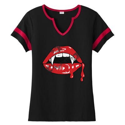 Vampire Lips Lazy Halloween Costume Blood Fangs Ladies Halftime Notch Neck Tee