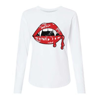 Vampire Lips Lazy Halloween Costume Blood Fangs Womens Cotton Relaxed Long Sleeve T-Shirt