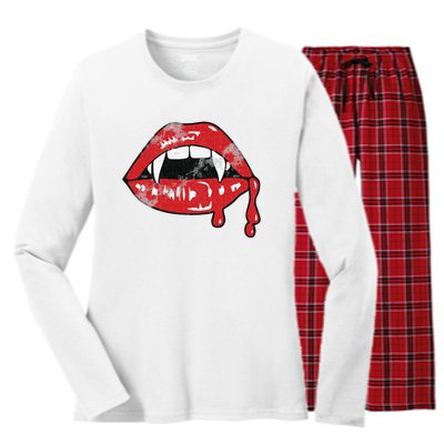 Vampire Lips Lazy Halloween Costume Blood Fangs Women's Long Sleeve Flannel Pajama Set 