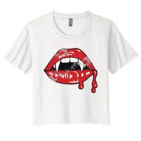 Vampire Lips Lazy Halloween Costume Blood Fangs Women's Crop Top Tee