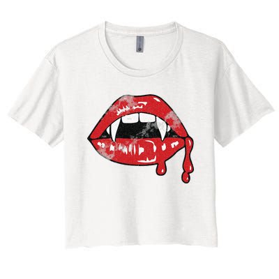 Vampire Lips Lazy Halloween Costume Blood Fangs Women's Crop Top Tee