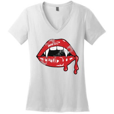 Vampire Lips Lazy Halloween Costume Blood Fangs Women's V-Neck T-Shirt