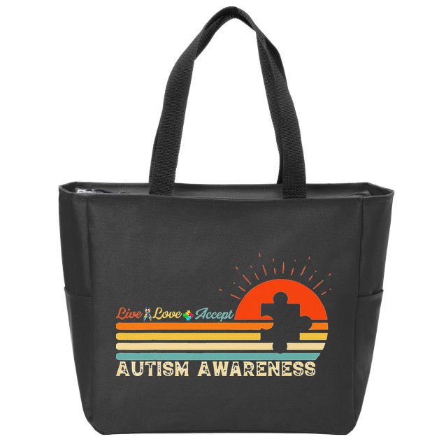Vintage Live Love Accept Autism Puzzle Autism Awareness Zip Tote Bag
