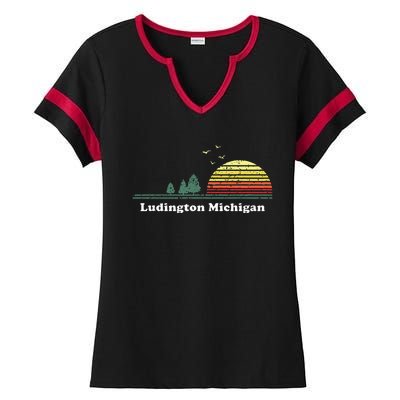 Vintage Ludington Michigan Sunset Souvenir Print Ladies Halftime Notch Neck Tee