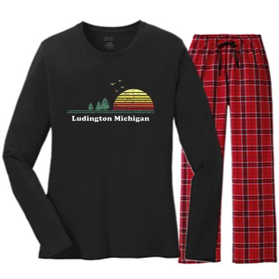 Vintage Ludington Michigan Sunset Souvenir Print Women's Long Sleeve Flannel Pajama Set 