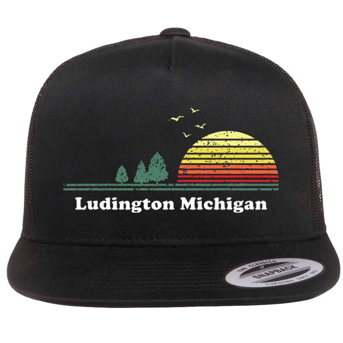 Vintage Ludington Michigan Sunset Souvenir Print Flat Bill Trucker Hat