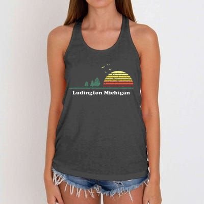 Vintage Ludington Michigan Sunset Souvenir Print Women's Knotted Racerback Tank