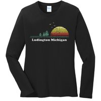 Vintage Ludington Michigan Sunset Souvenir Print Ladies Long Sleeve Shirt