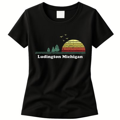 Vintage Ludington Michigan Sunset Souvenir Print Women's T-Shirt