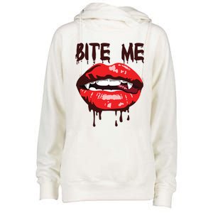 Vampire Lips Mouth Halloween Bite Me Scary Funny Gift Womens Funnel Neck Pullover Hood