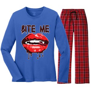 Vampire Lips Mouth Halloween Bite Me Scary Funny Gift Women's Long Sleeve Flannel Pajama Set 