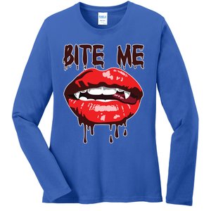 Vampire Lips Mouth Halloween Bite Me Scary Funny Gift Ladies Long Sleeve Shirt