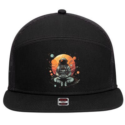 Vintage Lotus Meditating Astronaut Zen Yoga Planets Universe 7 Panel Mesh Trucker Snapback Hat