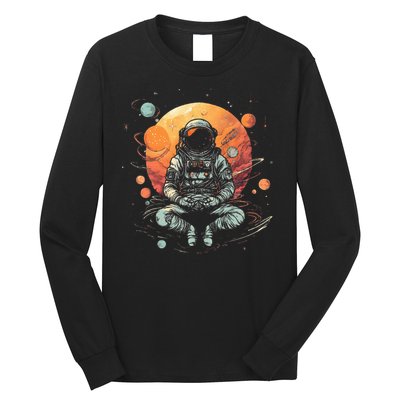 Vintage Lotus Meditating Astronaut Zen Yoga Planets Universe Long Sleeve Shirt