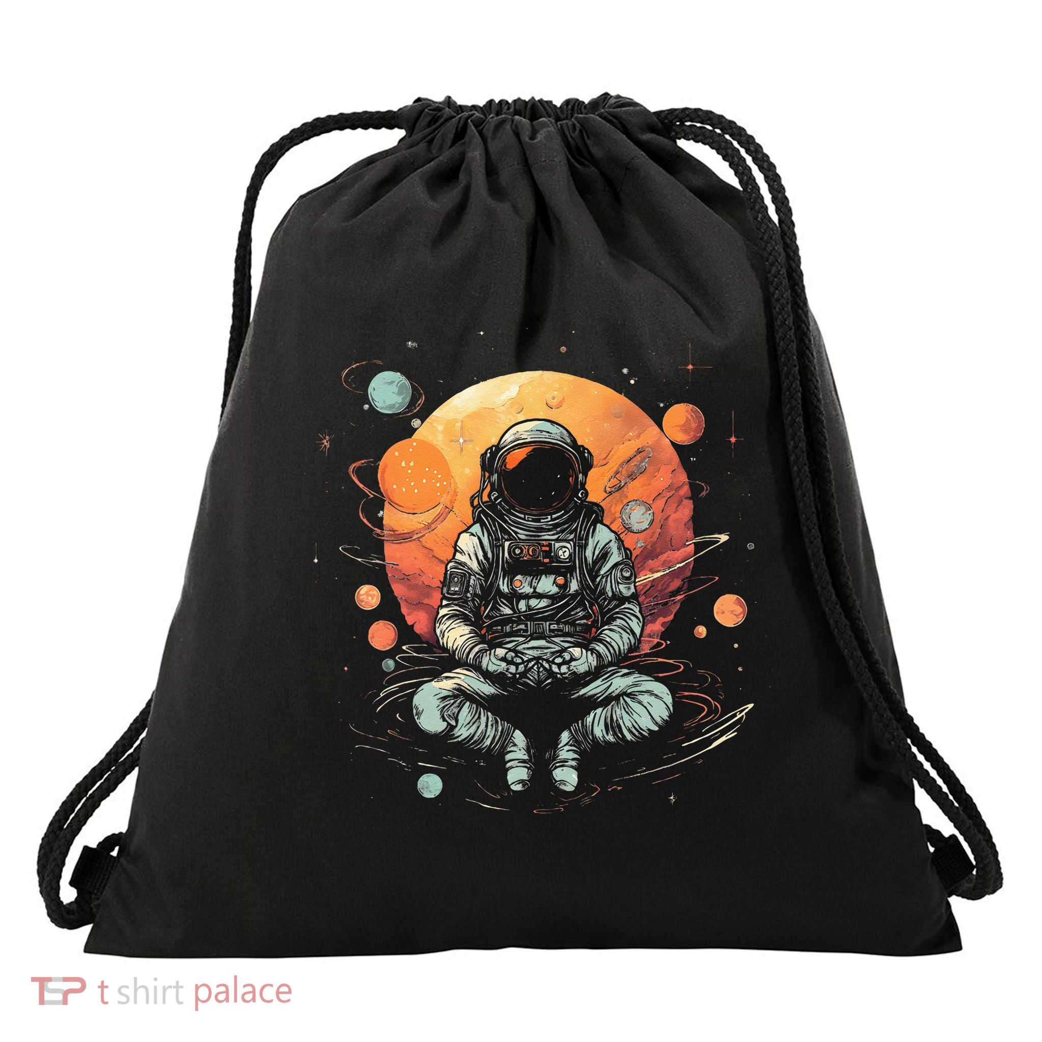 Vintage Lotus Meditating Astronaut Zen Yoga Planets Universe Drawstring Bag