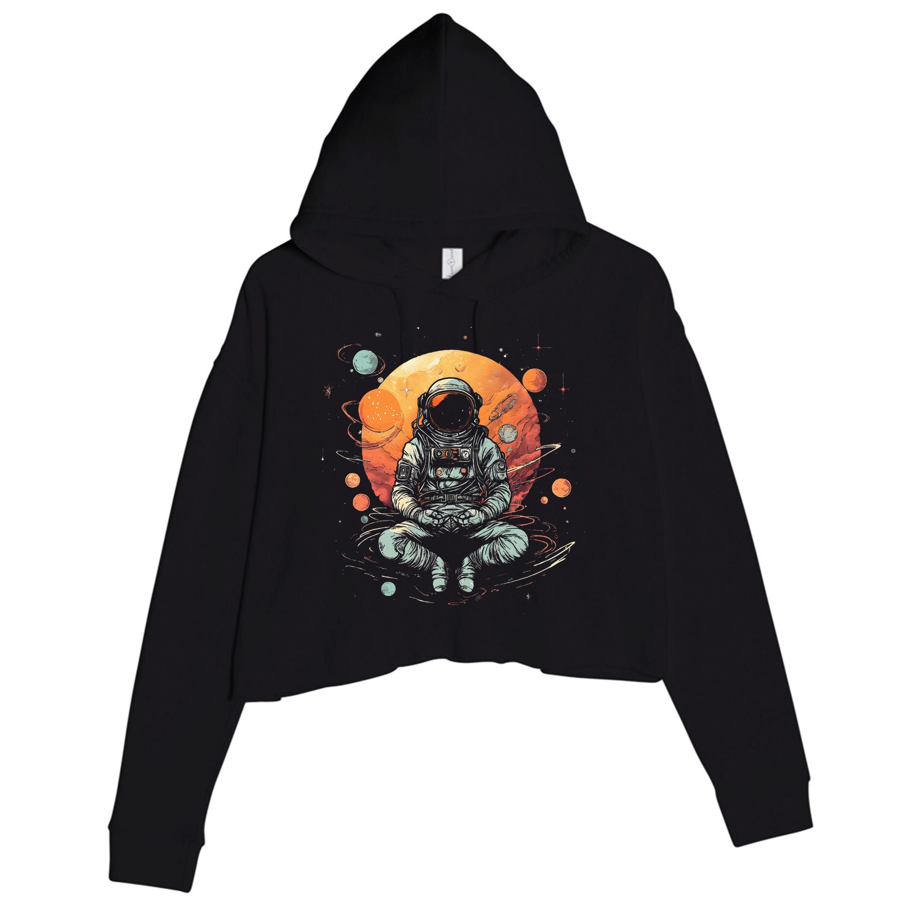 Vintage Lotus Meditating Astronaut Zen Yoga Planets Universe Crop Fleece Hoodie