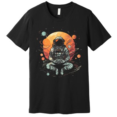 Vintage Lotus Meditating Astronaut Zen Yoga Planets Universe Premium T-Shirt