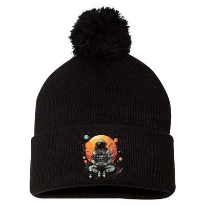 Vintage Lotus Meditating Astronaut Zen Yoga Planets Universe Pom Pom 12in Knit Beanie