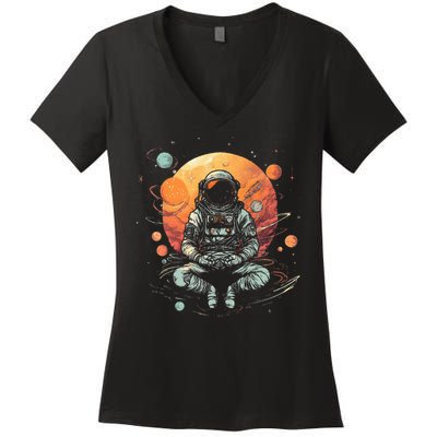 Vintage Lotus Meditating Astronaut Zen Yoga Planets Universe Women's V-Neck T-Shirt
