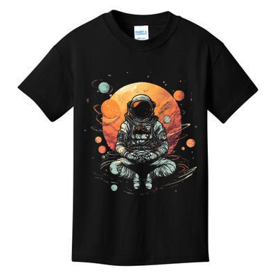 Vintage Lotus Meditating Astronaut Zen Yoga Planets Universe Kids T-Shirt