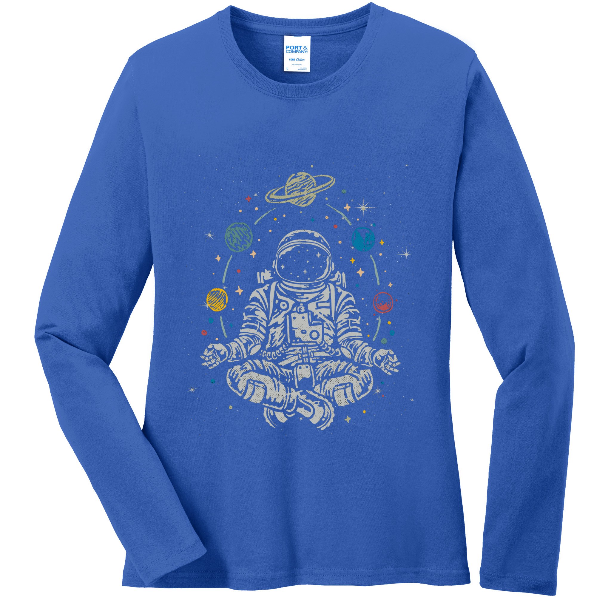 Vintage Lotus Meditating Astronaut Zen Yoga Planets Universe Gift Ladies Long Sleeve Shirt