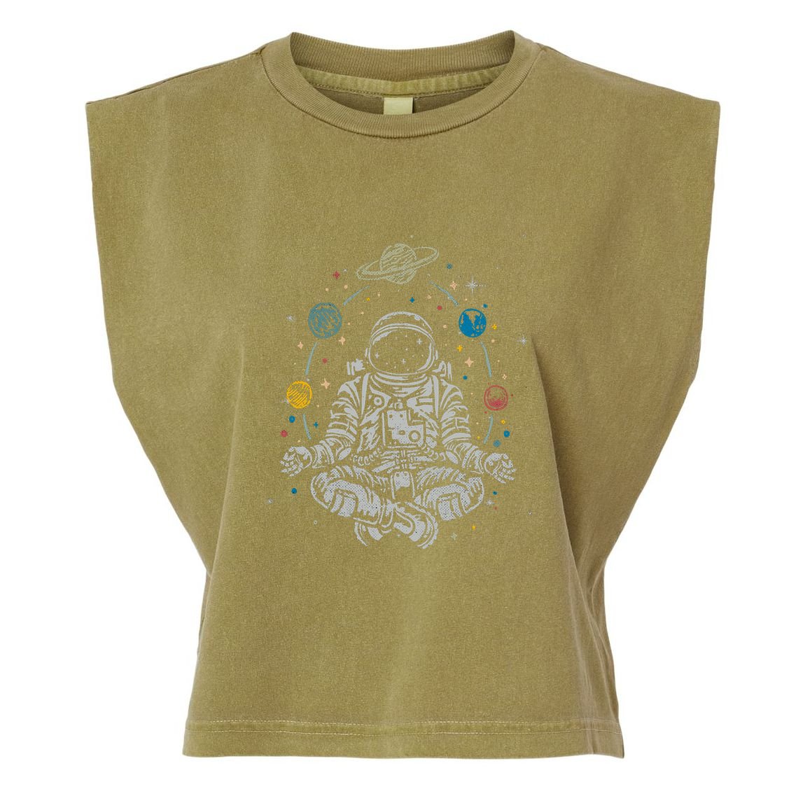 Vintage Lotus Meditating Astronaut Zen Yoga Planets Universe Gift Garment-Dyed Women's Muscle Tee