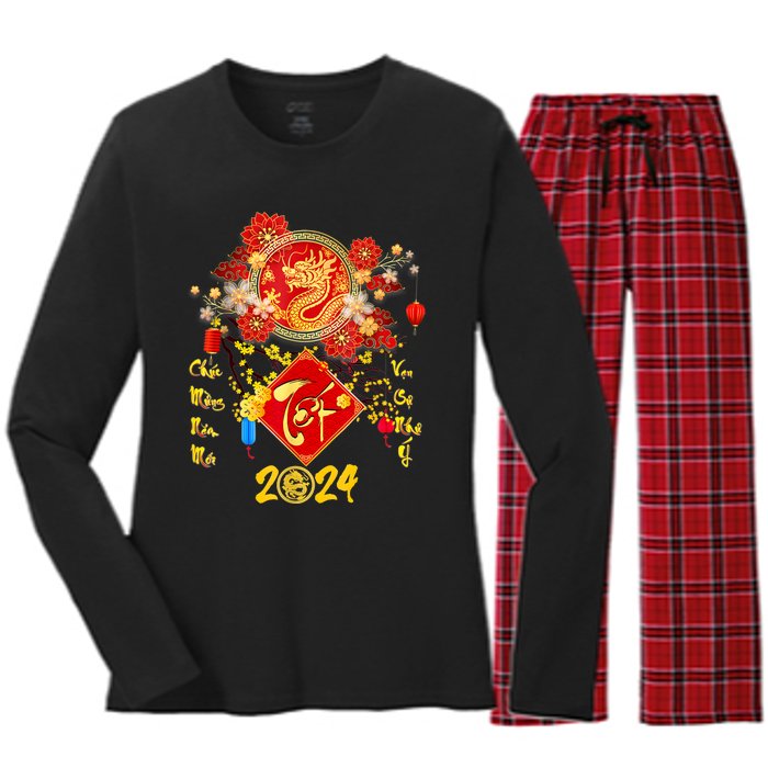 Vietnamese Lunar New Year 2024 Tet Viet Chuc Mung Nam Moi Women's Long Sleeve Flannel Pajama Set 